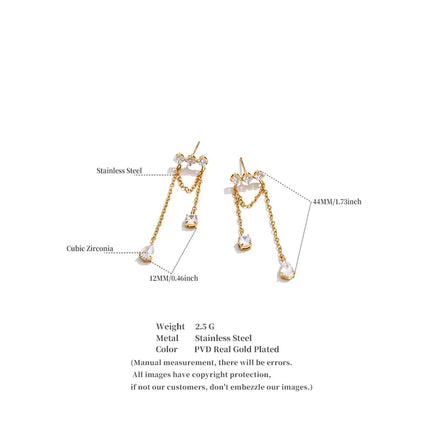 Yhpup Stainless Steel Cubic Zirconia Water Drop Tassel Chain Dangle Earrings Temperament Aesthetic Gold Color Ear Jewelry