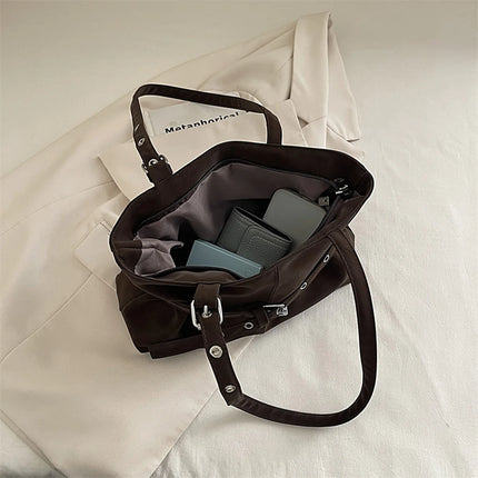 Minimalist Solid Color Tote Bag PU Belt Buckle Detail Lightweight Suede Zipper Large Spacious Shoulder Bag for Travel Commute