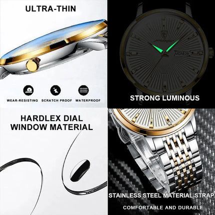 POEDAGAR Fashion Business Men's Watches Waterproof Luminous Date&Week Stainless Steel Men Watch Quartz Exquisite Male Wristwatch