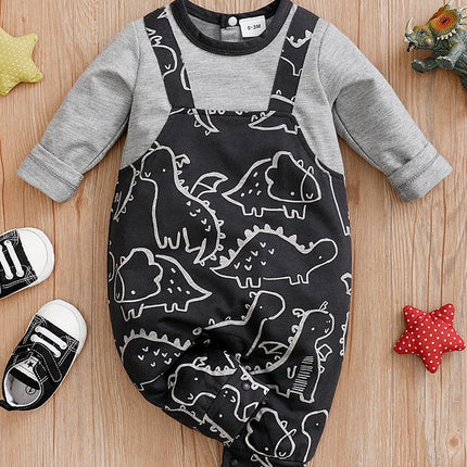 0-18m Baby Jumpsuit Cute Shoulder Strap Dinosaur Print Comfortable And Soft Spring And Autumn Long Sleeved Newborn Clothes