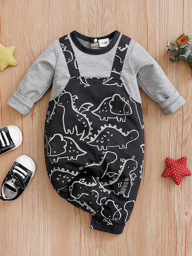0-18m Baby Jumpsuit Cute Shoulder Strap Dinosaur Print Comfortable And Soft Spring And Autumn Long Sleeved Newborn Clothes