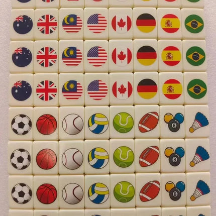 64 Pcs Food and Ball Flag Pattern Mahjong with Animals Mahjong Board Game Single and Double Play Kids Learning Educational Toys
