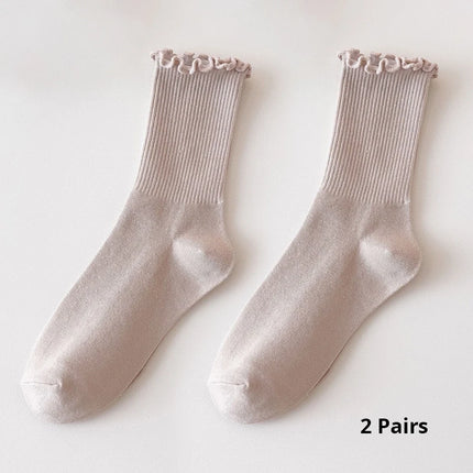 Cotton Socks for Women Girls Ruffle Top Solid Color Spring Autumn Breathable Soft Mid-calf Sock 1 Pair or 2 Pairs