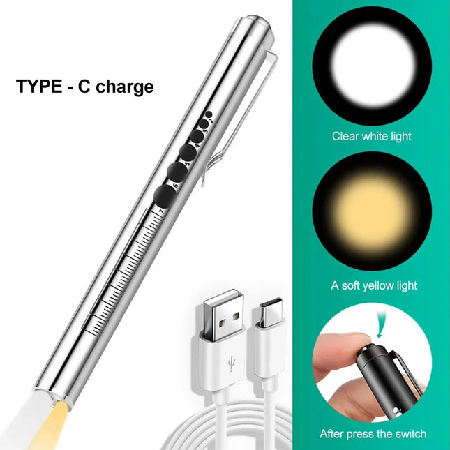 USB Rechargeable Stainless Steel Pen Light, Mini Medical LED Flashlight for Pupil Oral Check, Portable Handy Torch Lamp