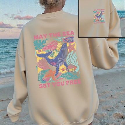 May The Sea Set You Free Printing Sweatshirts Womens Crewneck All-Match Hoodie Loose Fleece Warm Tops Autumn Comfortable Clothes