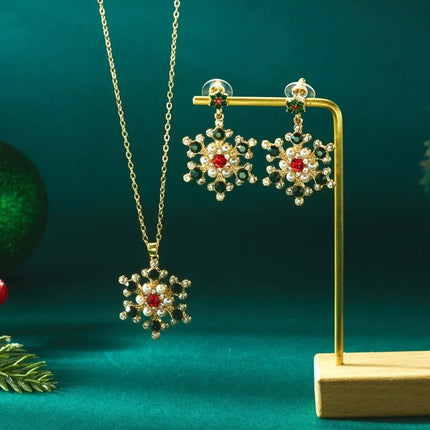 Luxury Zinc Alloy Christmas Jewelry Set Colorful Rhinestone Xmas Dangle Earrings Pendant Snowflake Necklace Women