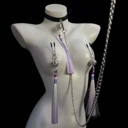 Purple Women's Fringe Nipple Clamps, SM Collar, Butt Plug, Bells, Couples' Teasing Adult Toys, Nipple Stimulation Sex Product