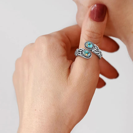 Vintage 925 Sterling Silver 6*8mm Turquoise Flowe Ring Rings Adjustable for Women jeweley Bohemia Fashion Party Silver Rings