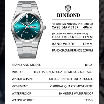 BINBOND  Luxury Men Quartz Watch Waterproof Date Week Luminous Wristwatch Stainless Steel Men's Watches Male Clock Sports Reloj