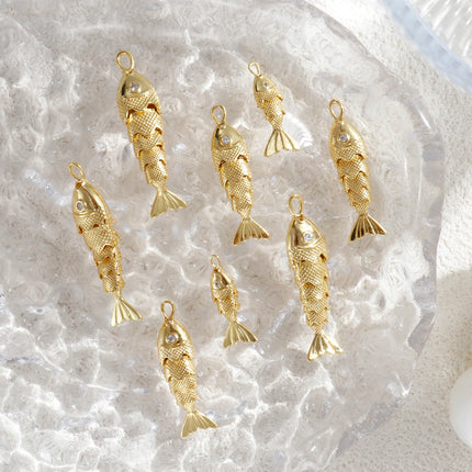 1 Piece Brass Ocean Jewelry Charms 18K Real Gold Plated Fish Animal Movable Clear Cubic Zirconia Pendant For DIY Necklace Making