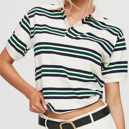 Women Summer Basic T-Shirt Casual Striped Print Lapel Short Sleeve Tops For Streetwear Aesthetic Grunge Clothes Hot Sale S-XL