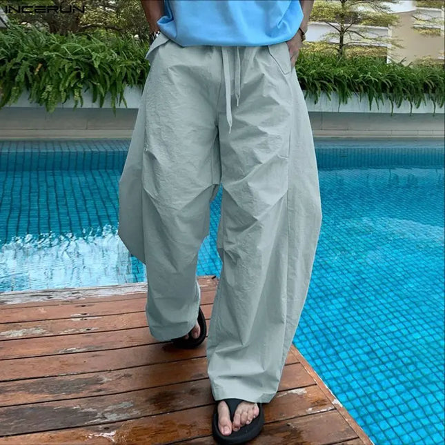 INCERUN Men's Pants Solid Color Drawstring Joggers Loose Casual Trousers For Man Streetwear 2026 Fashion Male Wide Leg Pants