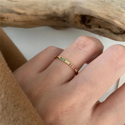 2PCS/Set Stainless Steel Rainbow Color Cubic Zircon Stone Finger Rings for Women INS Gold Color Waterproof Stars Ring Jewelry