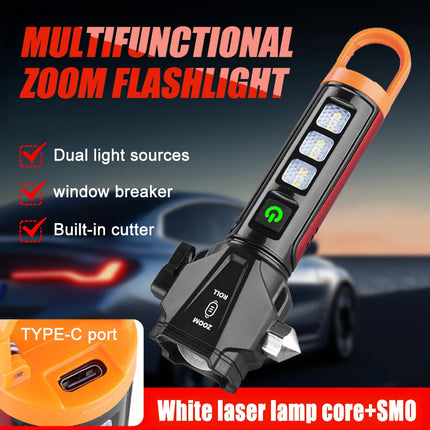 Tactica LED Flashlight w/ Safety Hammer & Seatbelt Cutter, SOS Red Strobe,Rechargeable Survival Gear for Outdoor EDC Defense
