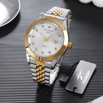 Men's quartz wristwatch with color blocked metal strap, diamond inlaid dial, dual calendar display design, light luxury texture,