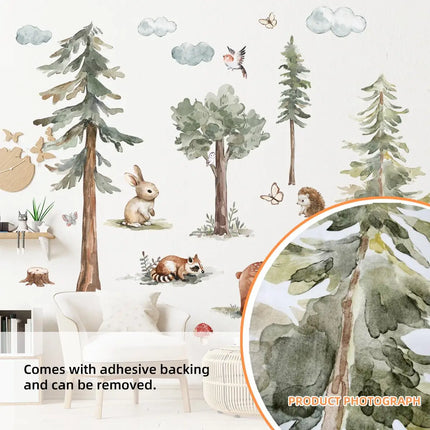 Forest Animals Wall Stickers Cartoon Fox Hedgehog Pine Tree Vinyl Decals for Children's Room Baby Bedroom Home Wall Decoration