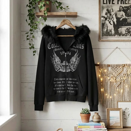 Y2K Street Retro Women Black Fur Collar Zip Up Hoodie Gothic Wing Crown Letter Print Fur Collar Trendy Hip Hop Casual Hoodie