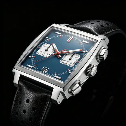 White Black Blue Leather Square Men Watch, VK63 Quartz Chronograph Wristwatch with Sapphire Crystal