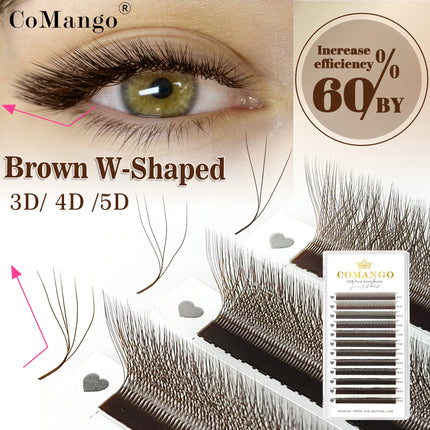 CoMango W Shaped 3D 4D 5D Automatic Flowering Brown Premade Fans Fake Eyelashes Extensions Cosmetics