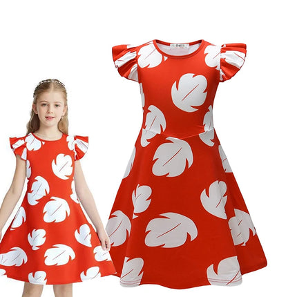 Disney Anime Lilo&Stitch Cartoon Dress for Girls Summer Hawaiian Red Leaf Print Kids Cosplay Knee Length Flying Sleeves Dresses
