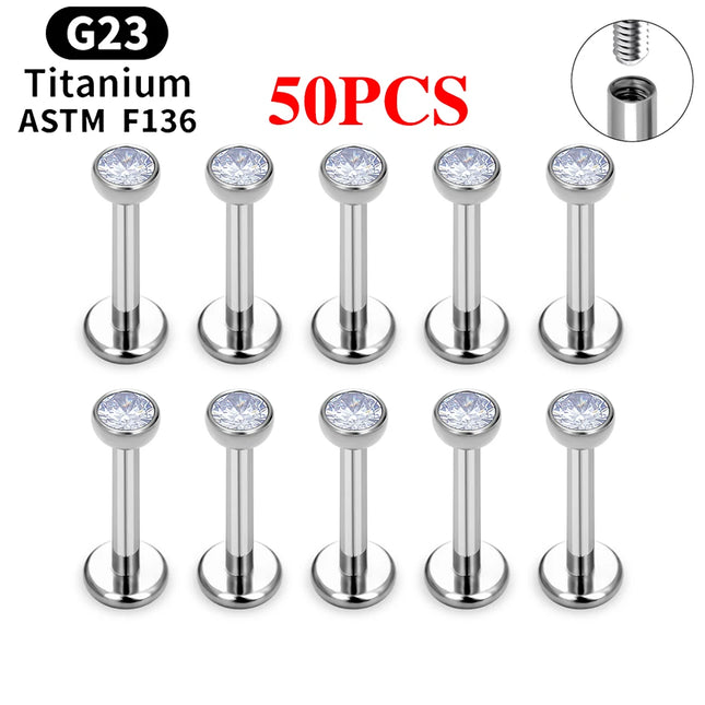 10/50PCS G23 Titanium Piercing Labret Lip Studs 16G CZ Internally Threaded Nose Septum Ring Eyebrow Tragus Cartilage Jewelry