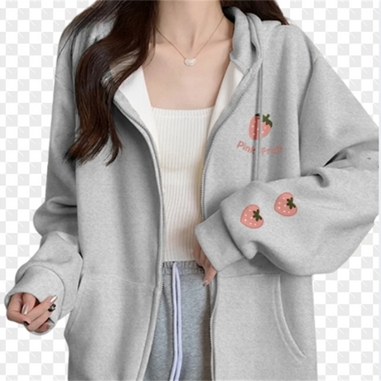 2025 New Strawberry Print Zipper Hooded Jacket Spring And Autumn Thin Collection Fashion Trends Versatile Casual Lazy Wind