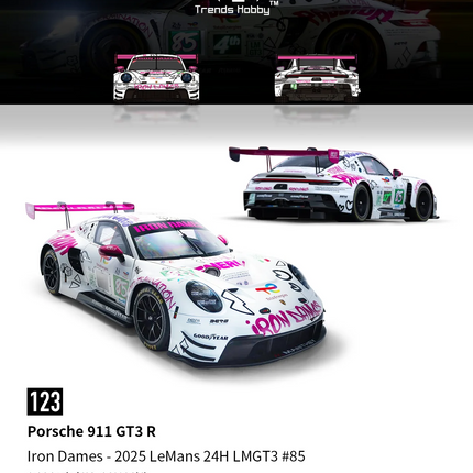 Trends Hobby 1/64 Porsche 911 GT3 R 2025 LeMans 24H LMGT3 Racing Miniature Model Toy Car Free Wheels Diecast Collection Gift