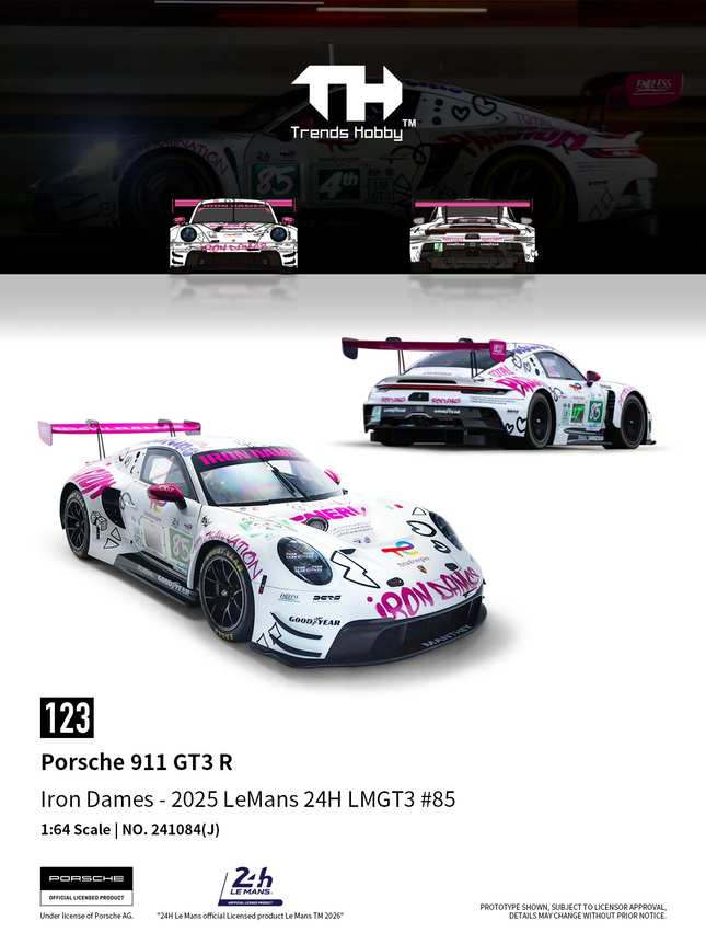 Trends Hobby 1/64 Porsche 911 GT3 R 2025 LeMans 24H LMGT3 Racing Miniature Model Toy Car Free Wheels Diecast Collection Gift