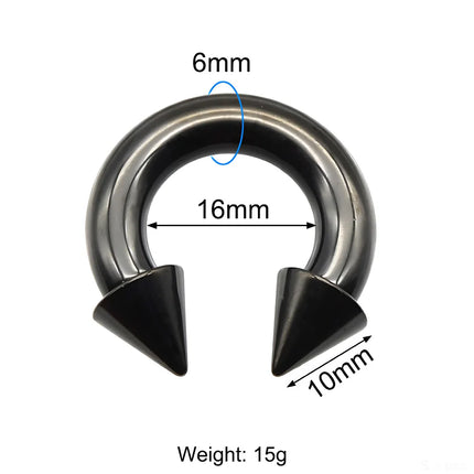 1Pc Large Gauge Black Stainelss Steel Horseshoe Ring with Spike Circular Barbell Piercing Nose Rings Cone Piercing Septum Rings