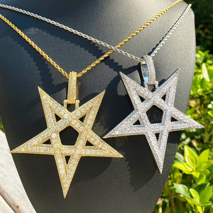 Aokaishen Iced Out Big Star Necklace Pendant for Men 5A Cubic Zirconia Prong Setting Hip Hop Jewelry