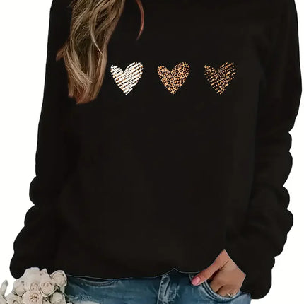 Hooded Leopard Heart Print Pullover Casual Long Sleeve Crew Neck Sweatshirt for Autumn and Winter Women Graphic Retro Y2K Top
