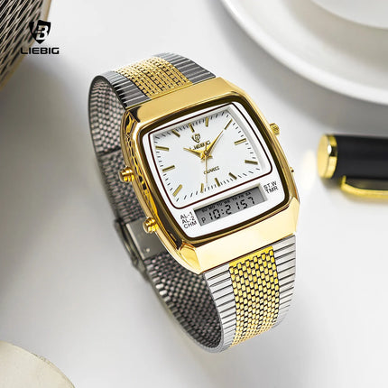 LIEBIG Luxury Dual Display Time Quartz Watches For Men Women Fashion Outdoor Sports Week Waterproof Digital Wristwatches Clocks