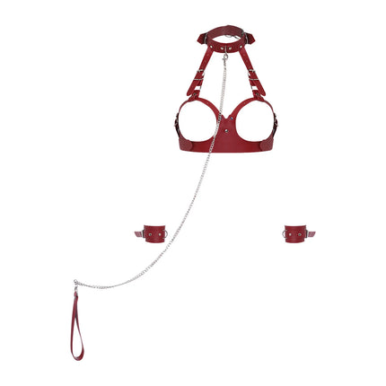 Womens Hollow Out Cup Halter Body Chest Harness with Bracelets and Metal Chain Leash Set Adult Couple Room Games Accessories