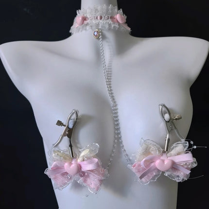 Pink Bow Heart Collar Sexy Nipple Clamps Sweet Style Accessories for Female BDSM Training Fetish Breast Binding Adult Sex Toys
