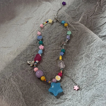 Boho Kpop Colorful Sugar Star Tassel Pendant Choker Necklace for Women Sweet Love Heart Chain Aesthetic Y2K Jewelry Accessories