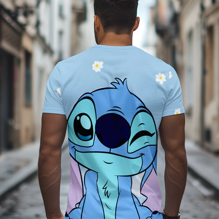 Disney Lilo & Stitch Cute Wink Print T-shirt Men Casual Short Sleeve Crew Neck Tee