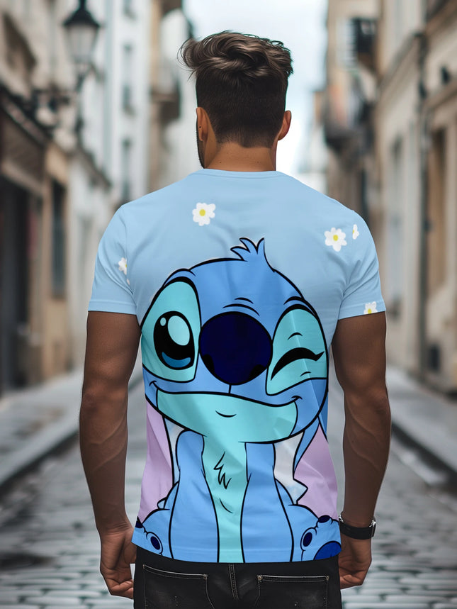 Disney Lilo & Stitch Cute Wink Print T-shirt Men Casual Short Sleeve Crew Neck Tee