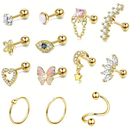 Drperfect 1pc Stainless Steel 16G Cartilage Earrings Stud Hypoallergenic Stainless Steel Stud Earrings Butterfly Heart Piercing
