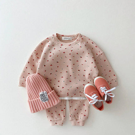 2024 New Toddler Kids Waffle Cotton Clothes Set Many Fruits Print Sweatshirt + Casual Pants 2pcs Boys Suit Baby Girl Outfits