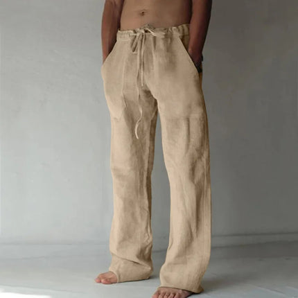Mens Casual Pants Daily Wear Solid Summer Full Length Soft Linen Pants Mid Waist Pocket Drawstring Trousers Streetwear Bottoms ﻿