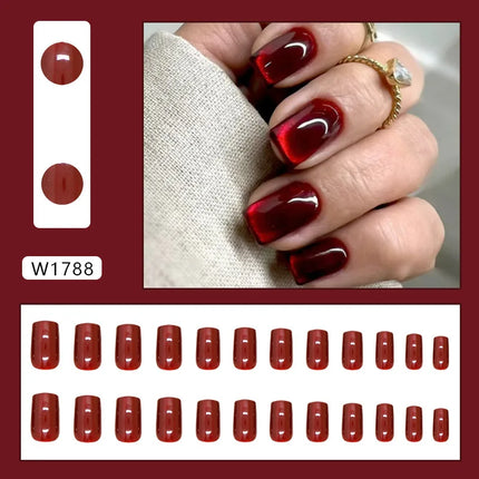 Dark Brown Flowers 24 Pcs Press-on Nails Pink Nail Polish Glossy Artificial Finger Manicure Reusable False Nails