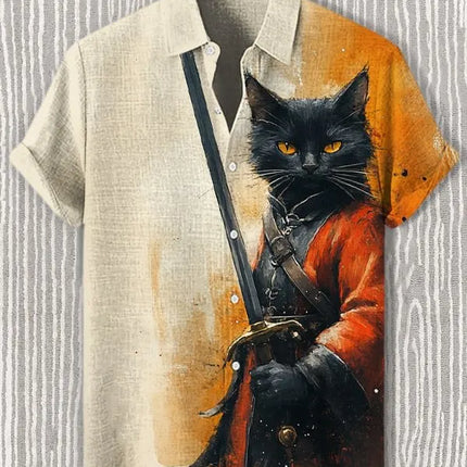 Men's Edo Cat Samurai Warrior Japanese Art Anime Shirts 3D Print Casual Hawaiian Shirts Summer Men Women Short Sleeve Blouse Top