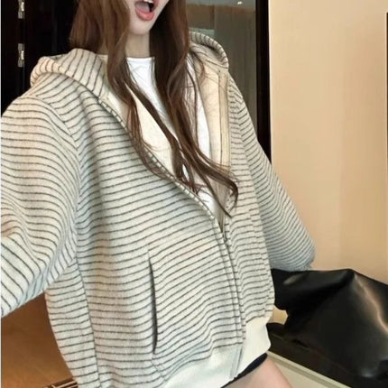 Matakawa Stripes Hooides Women Tops Zipper Autumn Winter Y2k Sweatshirts Korean Fashion Loose Hooded Retro Sudaderas Mujer
