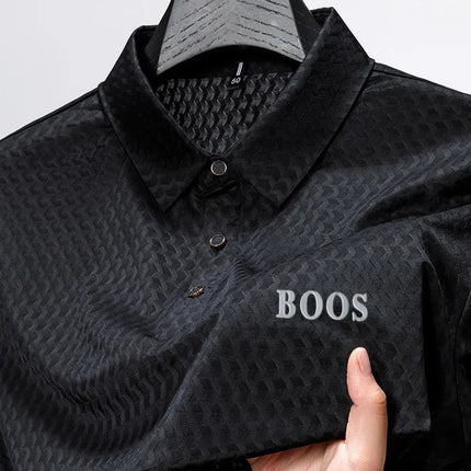 Summer Man Short-Sleeved Polo Shirt Lapel Button Letter Print Wavy Jacquard Design Casual Snug Middle-Aged Minimalist Mens Shirt