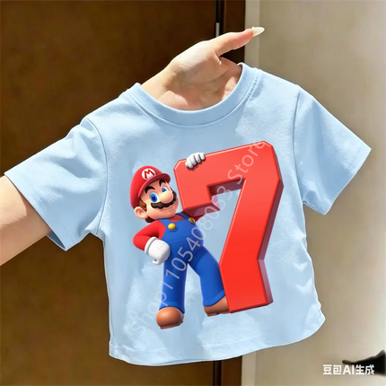 2026 New Super Mario Bros Children's Pure T-shirts Anime Birthday Numbers 1-9, Cute Anime Children's Casual T-shirts