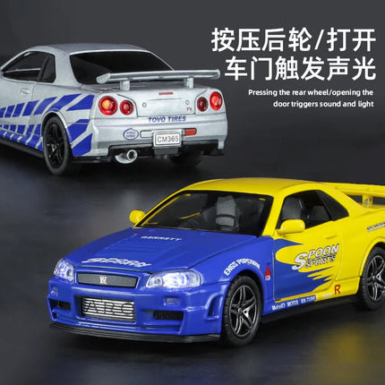 1:32 Scale GTR R34 R35 Diecast Model Alloy Toy Sport Cars Sound Light Pull Back high simulation Kid Birthday Gift Collect