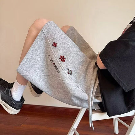 2026 Summer Men's Elastic Waist Casual Graphic Shorts Letter Print Patchwork Baggy Straight Shorts Y2K Fashion Preppy Bermudas