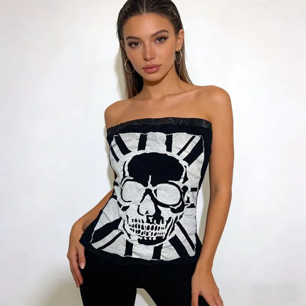 American Street Hottie Vests Harajuku Aesthetic Skull Print Strapless Vest Ladies Punk Slim Tanks Vintage Gothic Sexy Tops