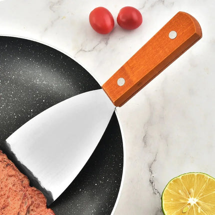 Stainless Steel Oblique Spatula Steak Burger Pancake Pizza Scraper Shovel Wooden Handle Barbecue Utensils Kitchen Cooking Tools