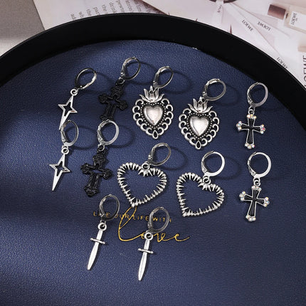Aihua 12pcs Fashion Silver Color Heart Drop Earrings Set for Women Teens Simple Cross Pendant Dangle Earring Y2K Party Jewelry